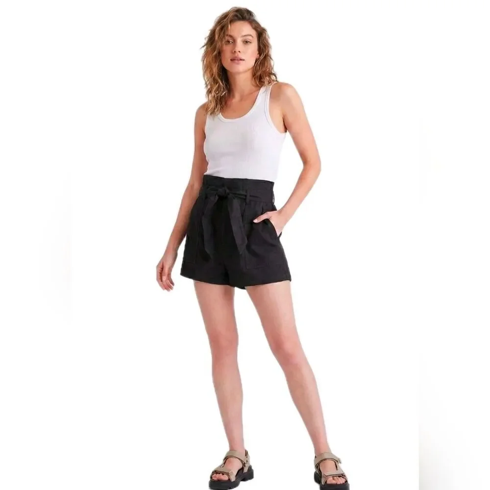 Steve Madden Women's XL High Waist Cinch Paperbag Shorts Tie Cotton Black NWT